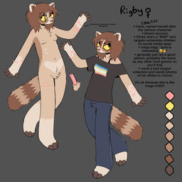 anatomically_correct anatomically_correct_genitalia anatomically_correct_penis animal_genitalia animal_penis anthro genitals gynomorph hair intersex orange_hair pedophile_iconography pedophilia_humiliation penis raccoon_penis scar self-harm_scars solo stated_pedophilia yellow_eyes vomitcollie rigby_(vomitcollie) mammal procyonid raccoon 1:1 absurd_res hi_res model_sheet trans_(lore) trans_woman_(lore)