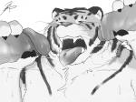 anthro blush erection fangs foreskin genitals group male male/male oral penis simple_background solo_focus teeth tongue tongue_out white_background wide_tongue kumao mohumohuotou felid mammal pantherine tiger 4:3 hi_res monochrome