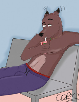 anthro armpit_hair armpit_tuft body_hair bottomwear cherry clothing food fruit jewelry juice_box looking_at_viewer male necklace pants plant shirtless shirtless_male sitting solo wiggle copinlighter blades_of_furry radu_(blades_of_furry) bat leaf-nosed_bat mammal microbat vampire_bat yangochiropteran hi_res