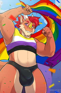 5_fingers anthro athletic athletic_anthro athletic_male balls_outline biped black_markings brown_body brown_claws bulge claws clothed clothing detailed_bulge eyebrows facial_markings fingers flag flag_(object) front_view genital_outline hair head_markings holding_flag holding_object horn lgbt_pride looking_at_viewer looking_down looking_down_at_viewer male markings multicolored_body nonbinary_pride_colors overbite penis_outline pride_color_flag pride_colors rainbow_flag rainbow_pride_flag rainbow_symbol red_eyebrows red_hair simple_background skimpy slim smile solo tan_body teeth text two_tone_body underwear white_horn yellow_horn unluckypika european_mythology lgbt_pride_month mythology dannydregorak dragon mythological_creature mythological_scalie scalie western_dragon wingless_dragon 2026 absurd_res artist_name colored digital_drawing_(artwork) digital_media_(artwork) english_text hi_res portrait shaded signature three-quarter_portrait nonbinary_(lore)