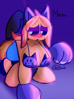 antennae_(anatomy) anthro beach big_breasts black_sclera blonde_hair blush breasts cat_bra cat_costume cat_lingerie cat_paws cleavage clothed clothing costume dialogue eyeshadow fake_cat_ears fake_ears fake_paws female hair lingerie long_hair makeup panties purple_background purple_eyeshadow simple_background solo text underwear white_eyes wings yellow_body unfortu-nate beatrice_(unfortu-nate) arthropod bee hymenopteran insect 2023 digital_media_(artwork) english_text hi_res