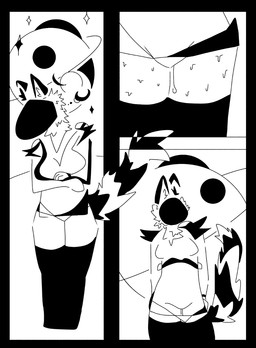 abstract_art anthro bodily_fluids breasts clothing female fur genitals inner_ear_fluff legwear machine outside solo standing stockings sweat tail tuft underwear undressing vulva blackjackissers protogen comic hi_res monochrome sketch