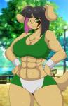 abs biceps big_breasts black_hair black_nose bodily_fluids breasts brown_body brown_fur chest_tuft eye_markings facial_markings female floppy_ears fur fusion green_eyes hair head_markings huge_breasts long_ears looking_at_viewer markings multicolored_hair muscular muscular_female pink_hair solo sweat thick_thighs tuft two_tone_hair wide_hips mastergodai rascals jazmin_usagi revy_(mastergodai) canid canine canis domestic_dog hybrid lagomorph leporid mammal rabbit 2017 hi_res