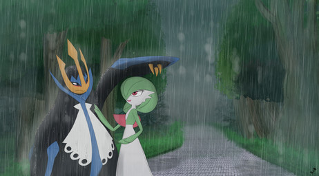 anthro blush date duo female feral forest male male/female on_model plant raining romantic romantic_ambiance romantic_couple smile tree water nongen nintendo pokemon avian bird empoleon gardevoir generation_3_pokemon generation_4_pokemon penguin pokemon_(species) hi_res