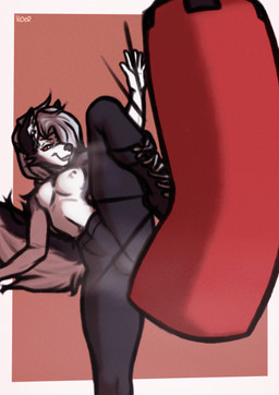 anthro bulge exercise male punching_bag solo workout vider hellaverse helluva_boss mythology loona_(helluva_boss) canid canid_demon canine demon hellhound mammal mythological_canine mythological_creature absurd_res hi_res