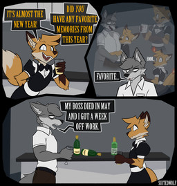 3_panel_comic 5_fingers alcohol anthro arm_tuft belt beverage black_belt black_bottomwear black_bow_tie black_clothing black_pants blush blush_lines bottomwear bow_tie brown_body brown_ears brown_fur burning burning_alive champagne champagne_glass cheek_tuft claws clothing collared_shirt container cup dialogue dipstick_ears dipstick_tail drinking_glass duo ear_markings elbow_tuft ellipsis exclamation_point eye_bags eyebrows eyelashes facial_tuft fangs fingers fire fist fur furniture glass glass_container glass_cup gloves_(marking) grape_juice grey_blush grey_body grey_fur hand_on_back happy head_tuft holding_container holding_cup holding_glass holding_mug holding_object holidays hug hugging_another humanoid_hands hunched_over inside juice_(beverage) kitchen looking_at_another looking_at_viewer maid_uniform male male/male markings memories mole_(marking) mug multicolored_body multicolored_ears multicolored_fur number one_eye_closed open_mouth orange_body orange_fur pants pupils question question_mark raised_eyebrows sad shirt shirt_pocket side_view slit_pupils speech_bubble stubble surprised table tail tail_markings teeth text thinking thoughts topwear translucent translucent_body tuft two_tone_body two_tone_fur uniform white_bow_tie white_clothing white_eyes white_sclera white_shirt white_topwear worried suitedwolfie new_year balthy_(suitedwolfie) k_(suitedwolfie) canid canine canis fox mammal northwestern_wolf red_fox true_fox wolf 2025 comic digital_drawing_(artwork) digital_media_(artwork) english_text hi_res