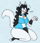 ankle_garter anthro barking black_hair black_lips blue_clothing blue_shirt blue_topwear blush breasts clothing collar digitigrade eyewear female fluffy fluffy_tail flustered fur gauntlet_sleeves glasses grey_body grey_fur hair lips long_hair shirt shy sitting_on_knees solo spiral_glasses tail thick_thighs topwear nerdyreindeer shirley_(nerdyreindeer) canid canine canis mammal wolf hi_res trans_(lore) trans_woman_(lore)