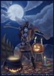 2004 anthro belt breasts broom candle cleaning_tool cleavage clothed clothing cloud detailed_background female fishnet_clothing food fruit full_moon fully_clothed halloween holidays jack-o'-lantern magic_user mammal mishakun moon night outside plant procyonid pumpkin quinn_akaelae raccoon raised_arm sky solo star starry_sky the_cyantian_chronicles witch