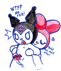 anthro belly blush breasts duo female female/female genitals navel nude pubic_tattoo shocked smile tail tattoo white_body toongrowner onegai_my_melody sanrio kuromi my_melody demon lagomorph leporid mammal rabbit hi_res painting_(artwork) watercolor_(artwork)
