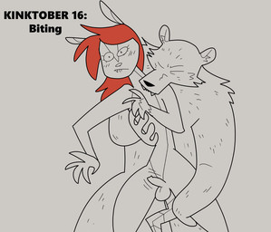 ambiguous_penetration anthro bite blush duo genitals hair male male/male neck_bite penetration penis red_hair rusheloc kinktober kinktober_2025 robin_(rusheloc) american_opossum bear mammal marsupial 2025