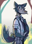 anthro bottomwear clothed clothing dress_shirt frown looking_aside male necktie pants shirt side_view simple_background solo standing suspenders topwear scraffyraccoon beastars legoshi_(beastars) canid canine canis mammal wolf 2021 hi_res