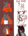 anthro big_breasts black_hair breasts broken_horn brown_eyes clothed clothing collar female flower fur grey_body grey_fur hair hissing horn long_ears looking_at_viewer mature_female meme_pose plant red_hair red_horn rose_(flower) simple_background solo teeth crybitur suwyzid canid canine canis domestic_cat felid feline felis hybrid mammal wolf hi_res meme