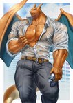 abs absurd_res anthro balls_outline blue_eyes bodily_fluids bulge charizard clothing detailed_bulge dragon generation_1_pokemon genital_outline hi_res male membrane_(anatomy) membranous_wings muscular muscular_anthro muscular_male mythological_creature mythological_scalie mythology nintendo nipples orange_body orange_scales pecs penis_outline pokemon pokemon_(species) scales scalie solo sweat tail topwear translucent translucent_clothing vein veiny_arms veiny_chest veiny_hands veiny_muscles veiny_pecs wet wet_clothing wet_topwear wings yukihoshiak