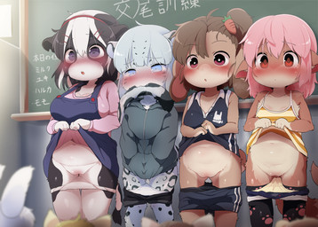 anthro big_breasts bite biting_own_tail blush blush_lines bodily_fluids breasts classroom clothed clothing clothing_lift dripping drooling eyebrows female fingers front_view fur genital_fluids genitals group hair hand_in_pocket inside kemono legwear lineup loli navel nom oppai_loli panties panties_down partially_clothed pink_hair pockets presenting presenting_vulva public public_exposure saliva school sex_education shirt sweat tail tail_bite tail_in_mouth tail_nom take_your_pick tank_top tears text topwear underwear underwear_down vaginal_fluid_drip vaginal_fluids vulva young young_anthro young_female dagasi haruka_(dagasi) miruku_(dagasi) momo_(dagasi) yuki_(dagasi) bovid bovine canid canine cattle felid fox lagomorph leopard leporid mammal pantherine rabbit snow_leopard 2022 digital_media_(artwork) hi_res japanese_text translated