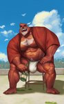 asian_clothing bottle bulge clothing container detailed_background east_asian_clothing fundoshi fur japanese_clothing male muscular muscular_male open_mouth outside pubes red_body red_fur robe sitting smile solo underwear white_body white_fur white_pubes kusunagi the_boy_and_the_beast kumatetsu bear mammal hi_res