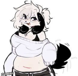 anthro belly black_bra black_clothing black_ears black_eyes black_nose black_tail black_underwear blush bodily_fluids bottomwear bra breasts cheek_tuft clothed clothing cropped_sweater facial_tuft female fur hair half-closed_eyes jewelry long_sleeve_sweater looking_away medium_breasts narrowed_eyes navel necklace nervous nervous_sweat off_shoulder open_mouth pink_tongue shorts simple_background slightly_chubby smile solo sweat sweater tail tail_motion tailwag tongue topwear tuft underwear white_background white_body white_clothing white_fur white_hair white_sweater white_topwear zombiikyu canid canine canis domestic_dog mammal 2025 colored_sketch digital_drawing_(artwork) digital_media_(artwork) hi_res sketch