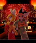 anthro asian_clothing bag boat clothing duo east_asian_clothing female fireworks japanese_clothing kimono lamp lantern paper_lantern text vehicle watercraft baby-bling luna777 kassy_(character) taratsu_(character) lagomorph leporid mammal moondog rabbit english_text