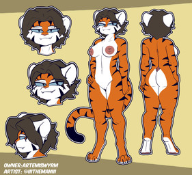 4_toes anthro areola big_areola blue_eyes breasts brown_hair butt feet female fingers fur genitals hair nipples nude pink_nose simple_background smile solo standing stripes tail toes vulva white_body the_man felid mammal pantherine tiger 2025 absurd_res hi_res model_sheet