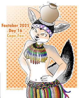 afro anthro beads black_hair bottomwear breasts casual_exposure clothed clothing collar countershade_face countershade_torso countershading eyelashes female fur grey_body grey_fur hair inner_ear_fluff jewelry lipstick makeup multicolored_body multicolored_fur navel orange_body orange_eyes orange_fur partially_clothed pottery pupils short_hair skimpy skirt slit_pupils solo topless tuft white_body white_fur efradraws foxtober canid canine cape_fox fox mammal true_fox absurd_res digital_drawing_(artwork) digital_media_(artwork) halftone hi_res