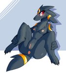 anthro anthrofied anus black_body black_fur blush breasts digitigrade ears_down female fur genitals nipples nude pivoted_ears pokemorph pussy red_eyes simple_background smile solo spread_legs spreading inget nintendo pokemon eeveelution generation_2_pokemon pokemon_(species) umbreon 2021 digital_media_(artwork) hi_res