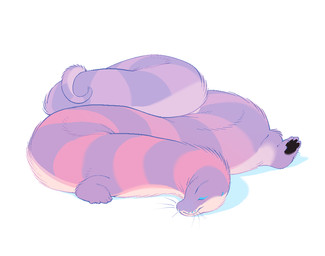 ambiguous_anthro ambiguous_gender anthro coiled_tail coiled_up coiling eyes_closed fur long_body long_neck long_tail lying on_front pawpads paws pink_body pink_fur prehensile_tail purple_body purple_fur simple_background sleeping solo striped_body striped_fur stripes tail white_background entitycore nalu_(entitycore) furred_scalie furred_snake reptile scalie snake male_(lore)
