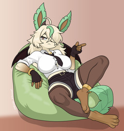anthro bean_bag big_breasts biped bottomwear breasts brown_paws casual_clothing clothing curvy_figure female female_anthro gesture gloves hand_gesture handwear jewelry leaf leaf_ears leaf_tail necklace pointing reclining shirt shorts sitting solo tail tan_body thick_thighs topwear white_clothing white_shirt white_topwear wide_hips element_discens nintendo pokemon eeveelution generation_4_pokemon leafeon pokemon_(species) absurd_res full-length_portrait hi_res portrait