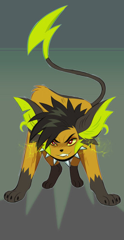 ambiguous_gender black_collar black_hair collar fangs feral front_view fur glistening glistening_hair green_inner_ear green_sclera grey_body grey_ears grey_fur grin hair looking_at_viewer orange_body orange_fur quadruped red_eyes short_hair simple_background smile solo spiked_collar spikes teeth unsigned princelykaden nintendo pokemon generation_1_pokemon pokemon_(species) raichu full-length_portrait hi_res portrait male_(lore)