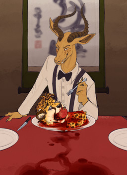 anthro antlers apple apple_in_mouth blood blood_puddle bodily_fluids bow_tie character_prepared_as_food clothed clothing cutlery death decapitation duo food fork fruit fur furniture gore hair holding_fork holding_object horn kitchen_utensils knife looking_at_viewer male markings plant plate severed_body_part severed_head shirt sitting smile spots spotted_body spotted_fur suspenders table teeth tools topwear porcumoose_artistries beastars melon_(beastars) cheetah deer felid feline mammal digital_media_(artwork) hi_res