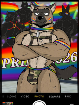 anthro black_body black_fur body_hair brown_body brown_fur bulge chest_hair clothing collar countershade_torso countershading fur fur_markings harness jockstrap lgbt_pride looking_at_viewer male markings muscular muscular_male nipples pecs pride_color_clothing pride_color_flag pride_colors scar text underwear ivan_the_artist lgbt_pride_month pixie_and_brutus background_character brutus_(pixie_and_brutus) canid canine canis domestic_dog german_shepherd herding_dog mammal pastoral_dog 2026 english_text hi_res