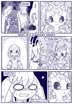 :3 :< :d :o ^_^ angry anthro blush bodily_fluids border breasts collar detailed_background dialogue eyes_closed facial_markings female female_anthro forehead_markings frown group hair head_markings huge_ears kemono looking_at_another machine male markings nervous nervous_sweat open_mouth open_smile outside plant shrub smile solo speech_bubble standing sweat sweatdrop talking_to_another tears teeth text thought_bubble tree trio white_border cyyeun xen_(series) fio_(xen) izzy_(xen) switch_(xen) lagomorph leporid mammal rabbit robot robot_anthro 2007 blue_and_white blue_monochrome comic dated english_text monochrome