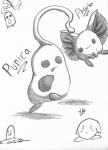 :3 ambiguous_gender big_ears duo_focus group looking_at_viewer on_one_leg simple_background standing white_background jwatch keitai_denjuu_telefang kirby_(series) nintendo pokemon kirby alien diglett generation_1_pokemon pokemon_(species) punica phoebe_(disambiguation) absurd_res crossover hi_res marker_(artwork) monochrome sketch traditional_media_(artwork)