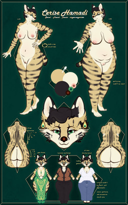 anthro breasts clothing female formal_wear jewelry mature_female nipples overweight overweight_female sagging_breasts solo text backalleyarts qapricore cerise_hamadi felid feline mammal serval 5:8 absurd_res english_text hi_res model_sheet