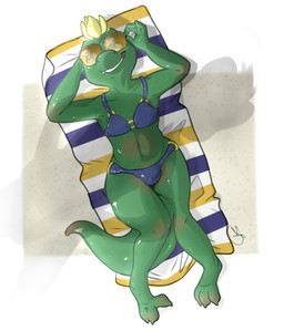 anthro balls_in_underwear balls_outline beach bikini bikini_bottom bikini_top blue_clothing blue_swimwear bulge claws clothed clothing crossdressing detailed_bulge eyewear genital_outline glasses male navel on_towel outside penis_outline seaside simple_background smile snout solo swimwear teeth towel two-piece_swimsuit wide_snout backsash lizard reptile scalie 2015 absurd_res digital_media_(artwork) hi_res shaded
