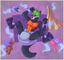 abs bedding big_diaper blanket blush bow_ribbon claws clothed clothing diaper diaper_only disembodied_hand ear_tuft fangs fist fur ghost_hand grabbing_both_legs green_hair hair holding_object male multicolored_body multicolored_fur pacifier pawpads paws plushie purple_nose purple_tongue red_eyes refur_(atreyatan) snout solo struggling teddy_bear teeth toe_claws tongue topless tuft wearing_diaper wolf_tail wrist_grab atreyatan canid canine canis humanoid mammal wolf absurd_res hi_res