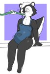 anthro belly big_belly claws clothed clothing fur hair hose hose_inflation inflation liquid_inflation male overalls simple_background sitting solo text tight_clothing water water_inflation phant0mhat digital_media_(artwork) hi_res