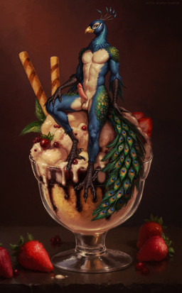 anthro avian_feet balls dessert feathers food food_fetish food_play fruit genitals ice_cream looking_at_viewer male micro peacock_feather penis plant smile solo strawberry anastasradonski avian bird galliform peafowl phasianid hi_res