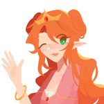 1:1 2023 :3 blush bracelet cel_shading clothing crown digital_drawing_(artwork) digital_media_(artwork) dress elf empires_smp empires_smp_(season_2) female female_humanoid geminitay gesture green_eyes hair hair_buns headgear hi_res humanoid humanoid_pointy_ears icon jewelry lineless long_hair not_furry one_eye_closed open_mouth open_smile orange_hair pink_clothing pink_dress princess royalty shaded simple_background smile solo sunfl0werii tiara waving white_background wink