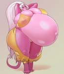 anthro belly big_belly big_breasts breasts clothed clothing curvy_figure feet female genitals hair hands_behind_head huge_belly huge_breasts hyper hyper_pregnancy long_hair looking_at_viewer multicolored_body narrowed_eyes pink_body pink_tail ponytail pregnant pregnant_anthro pregnant_female pussy solo tail thick_thighs toes translucent translucent_clothing two_tone_body voluptuous white_hair wide_hips odisia felid lion mammal pantherine hi_res