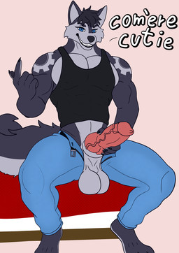 animal_genitalia animal_penis anthro balls big_balls big_penis black_clothing black_hair bottomwear canine_genitalia canine_penis clothing denim denim_bottomwear denim_clothing genitals hair jeans knot male muscular pants penis shirt solo tank_top text topwear cuaine_(artist) gear_(foxgear) canid canine fox mammal true_fox absurd_res hi_res