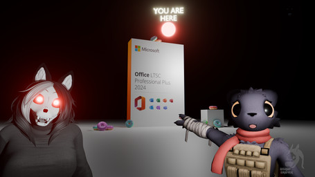 anthro arm_tuft bandage bandaged_arm black_background black_body black_clothing black_fur black_hair black_sweater black_topwear bulletproof_vest cheek_tuft chest_tuft clothing cube_(object) default_cube dessert doughnut facial_tuft fangs female food fur glowing glowing_eyes group hair head_tuft microsoft_office_ltsc_professional_plus_2024 multicolored_hair open_mouth open_smile orange_eyes pastry pawpads pink_pawpads red_eyes red_scarf scarf shoulder_tuft simple_background smile sweater teeth text topwear trio tuft two_tone_hair white_hair bishopenjoyer akittu_(modeler) zoidrawzaton_(modeler) casualties:_unknown microsoft microsoft_office scp_foundation default_cube_(blender) scp-1471-a scp-1471-a_(mal0vent) canid expie_(gunsawian) gunsawian human malo mammal skull_dog 16:9 2026 3d_(artwork) absurd_res blender_(artwork) blender_cycles_(artwork) digital_media_(artwork) english_text hi_res watermark widescreen