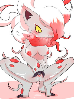 anthro black_inner_ear blush bodily_fluids breasts claws crouching female female_anthro finger_claws fingering fur genital_fluids genitals grey_body grey_ears grey_fur hair long_hair looking_down markings neck_tuft nipples nude nude_anthro nude_female pink_nipples pink_vulva pokemorph red_eyes red_hair simple_background solo sweat toe_claws tongue tongue_out tuft vaginal vaginal_fingering vaginal_fluids vulva white_background white_body white_fur white_hair yellow_sclera conditional_dnp xammyxx nintendo pokemon generation_8_pokemon hisuian_form hisuian_zoroark pokemon_(species) regional_form_(pokemon) 2026 3:4 cel_shading digital_media_(artwork) english_description hi_res ibispaint_(artwork) shaded signature watermark