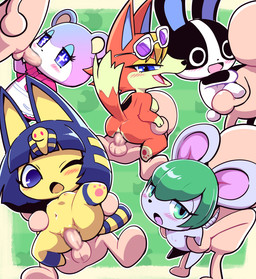 anthro blue_eyes blush breasts chibi clothed clothed/nude clothing cowgirl_position eyewear eyewear_on_head faceless_character faceless_male fellatio female female_penetrated from_front_position full_nelson fur genitals glasses glasses_on_head green_hair group group_sex hair leaf looking_back male male/female male_penetrating male_penetrating_female nude on_bottom on_top open_mouth oral orange_body orange_fur penetration penile penile_penetration penis penis_in_vagina sex smile sparkles sparkling_eyes vaginal vaginal_penetration yellow_body yellow_fur nollety animal_crossing nintendo ankha_(animal_crossing) audie_(animal_crossing) bree_(animal_crossing) dotty_(animal_crossing) judy_(animal_crossing) bear canid canine canis domestic_rabbit dutch_rabbit felid feline house_mouse human lagomorph leporid mammal mouse murid murine oryctolagus rabbit red_wolf rodent wolf censored mosaic_censorship