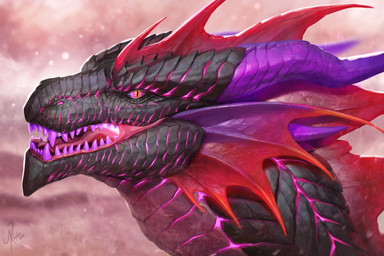 ambiguous_gender black_body black_scales cheek_frill detailed_background feral frill_(anatomy) head_crest head_frill horn multicolored_eyes open_mouth orange_eyes pink_eyes pink_teeth pupils purple_body purple_horn purple_scales red_eyes scales slit_pupils solo teeth khyaber mythology dragon mythological_creature mythological_scalie scalie 2025 dated hi_res
