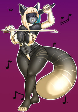 anthro big_breasts bikini blonde_hair blue_hair bow_(stringed_instrument) bowed_string_instrument breasts clothed clothing electronics female fur grey_body grey_fur hair huge_breasts microphone musical_instrument musical_note musical_symbol open_mouth purple_eyes skimpy smile solo string_instrument swimwear symbol tail tongue two-piece_swimsuit violin white_body white_fur skidd aria_(silvertwirl) mammal hi_res