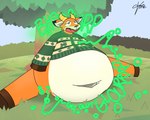 ambiguous_gender belly belly_on_ground big_belly blue_eyes bottomless burp_cloud burping clothed clothing countershade_belly countershading deep_navel digestion_noises fur grass hooves huge_belly navel onomatopoeia open_mouth orange_body orange_fur outside partially_clothed plant sitting_on_grass sound_effects spread_legs spreading sweater sweater_only text thick_thighs topwear topwear_only tree vowelless vowelless_sound_effect drawsvore animal_crossing nintendo beau_(animal_crossing) absurd_res hi_res