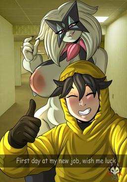 anthro areola big_breasts biped breasts clothing female gesture hand_gesture inverted_nipples male nipples nude pupils smile text thumbs_up wide_hips yellow_clothing lobovalkiria nintendo pokemon generation_9_pokemon human mammal meowscarada pokemon_(species) absurd_res hi_res