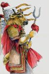 anthro armor asian_clothing brown_body brown_fur cape chinese_clothing clothed clothing east_asian_clothing flag fur horn male solo staff weapon heather_bruton ironclaw_(rpg) jadeclaw bovid caprine golden_takin mammal takin 2004