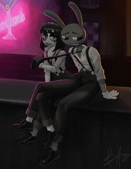 4_fingers anthro bar bulge bulge_grinding bulge_through_clothing clothing clothing_pull collared_shirt confident_female dress_shirt dress_shoes duo female fingers half-closed_eyes larger_male looking_aside looking_at_another male monochrome_body narrowed_eyes necktie necktie_pull neon_lights neon_sign nervous nervous_male nervous_smile noir shirt sign size_difference smaller_female suspenders topwear bonnieazle glitch_productions the_amazing_digital_circus jax_(tadc) pomni_(tadc) humanoid lagomorph leporid mammal rabbit absurd_res hi_res