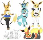 anthro anthrofied big_breasts bottomwear breasts clothed clothing costume evolutionary_stone female group pokeball pokemorph skirt tail thunder_stone urusee584 nintendo pokemon eevee eeveelution flareon generation_1_pokemon jolteon pokemon_(species) raichu vaporeon