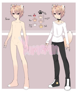anthro bell bell_collar bottomwear clothing collar ear_piercing footwear inner_ear_fluff male pants piercing profanity shirt shoes solo tail text topwear tuft yumemin canid canine fox mammal english_text model_sheet